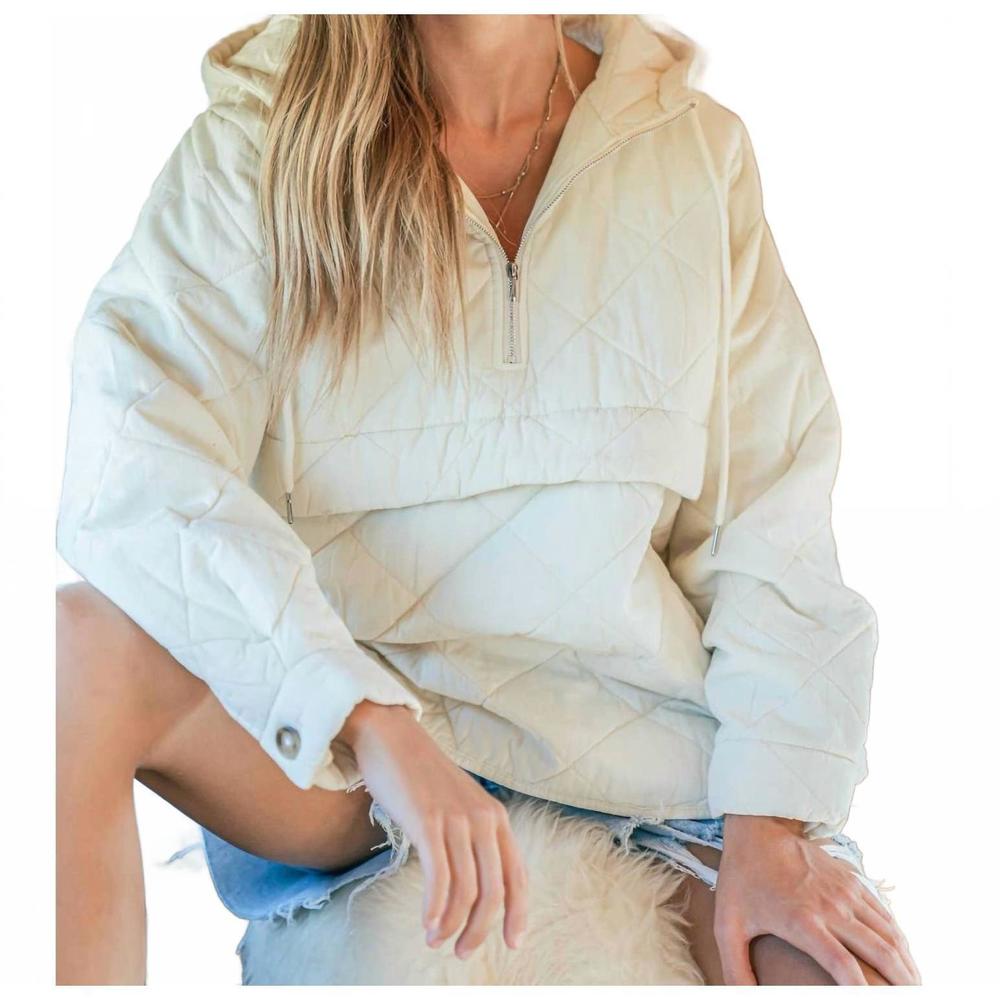NEW AND THE WHY washed quilting and padding half zip-up hoodie jacket in cream